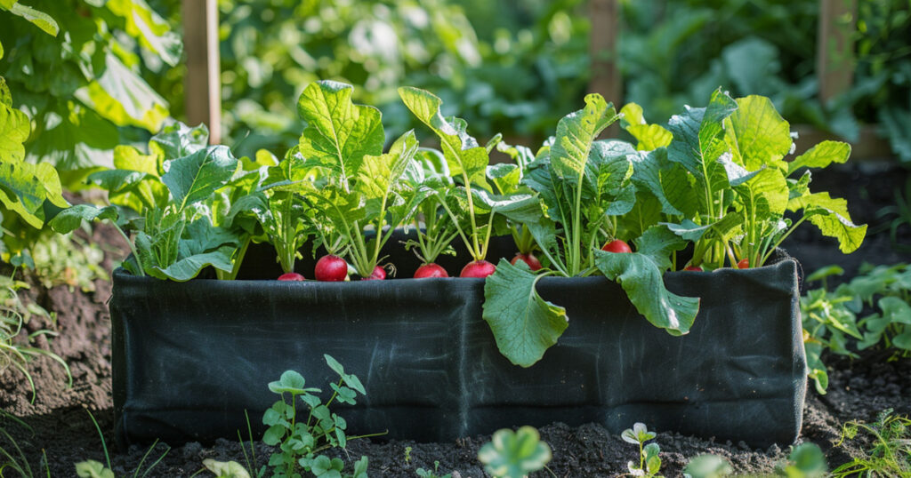 radishes growing in a fabric raised be
