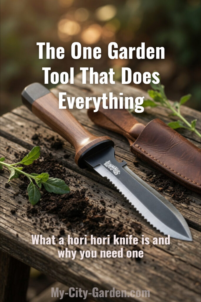  Lehman's hori hori knife with leather sheath on weathered wood with garden soil and plant stems